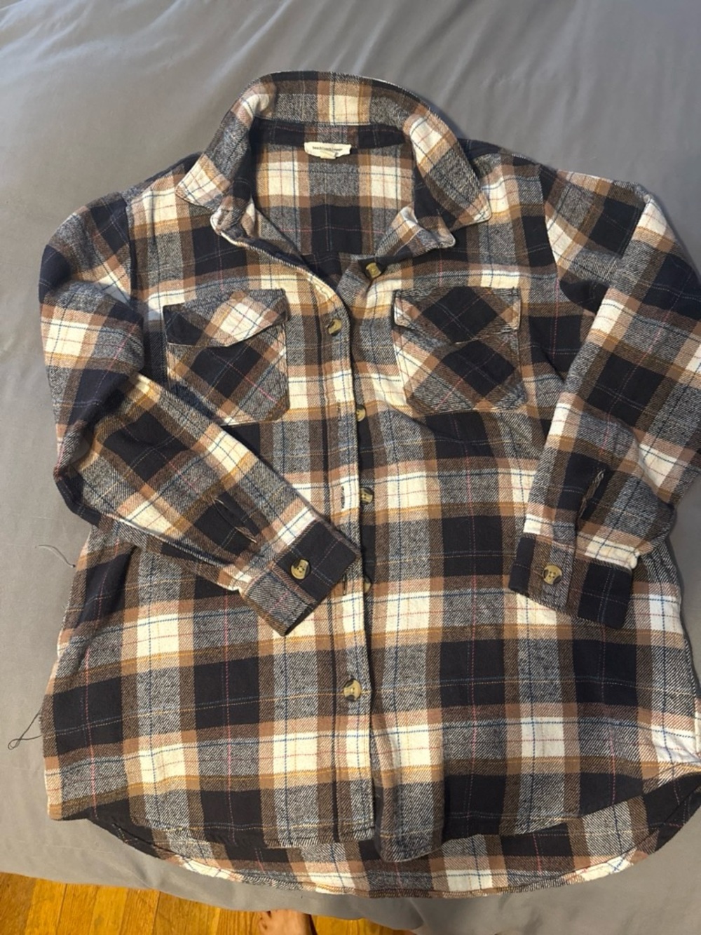 beachlunchlounge Plaid Button-Down Shirt Jacket in Brown, Black, Cream